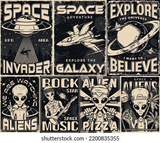 Space set monochrome flyers vintage with incredible humanoid aliens with guitar or pizza and UFO invader kidnapping people vector illustration