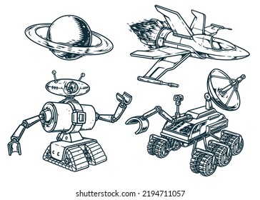 Raumset monochrome Vintage-Elemente Jet-Raumschiff für Kriege im Universum und fantastische Maschinen zum Erforschen des Planeten Saturn Vektorgrafik