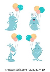 Space set with monster aliens holding colorful balloons. 
