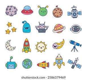 Space set with a mysterious UFO, a drifting asteroid, a curious alien, a powerful satellite, twinkling stars, a blazing comet, a futuristic robot, Earth, a spaceship, and a thrilling adventure.