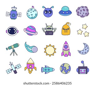 Space set with a mysterious UFO, a drifting asteroid, a curious alien, a powerful satellite, twinkling stars, a blazing comet, a futuristic robot, Earth, a spaceship, and a thrilling adventure.