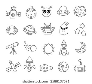 Space set with a mysterious UFO, a drifting asteroid, a curious alien, a powerful satellite, twinkling stars, a blazing comet, a futuristic robot, Earth, a spaceship, and a thrilling adventure.