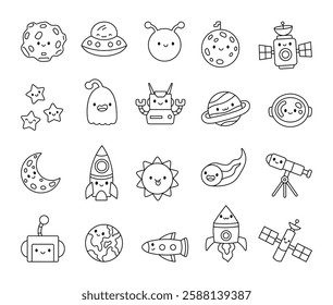 Space set with a mysterious UFO, a drifting asteroid, a curious alien, a powerful satellite, twinkling stars, a blazing comet, a futuristic robot, Earth, a spaceship, and a thrilling adventure.