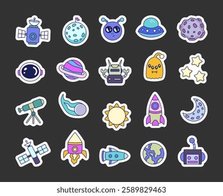 Space set with a mysterious UFO, a drifting asteroid, a curious alien, a powerful satellite, twinkling stars, a blazing comet, a futuristic robot, Earth, a spaceship, and a thrilling adventure.