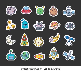 Space set with a mysterious UFO, a drifting asteroid, a curious alien, a powerful satellite, twinkling stars, a blazing comet, a futuristic robot, Earth, a spaceship, and a thrilling adventure.