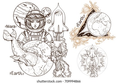 Space. A set of outline illustrations with sketches of tattoos.