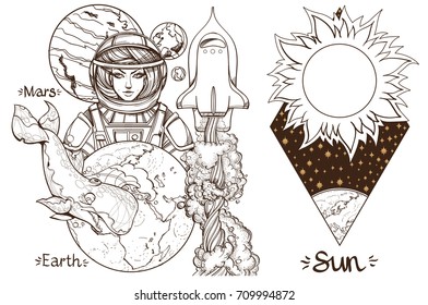 Space. A set of outline illustrations with sketches of tattoos.
