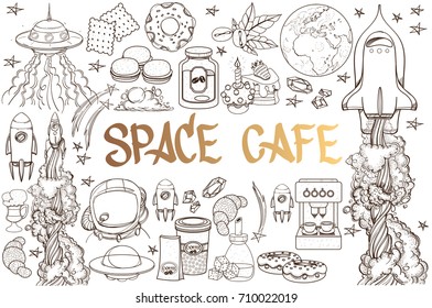Space. A set of outline illustrations with sketches of tattoos.