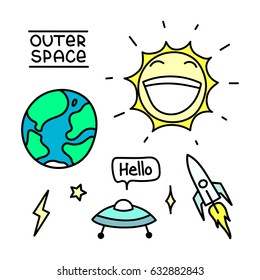 Space set with planet earth; sun; flying saucer; inscription hello and outer space; rocket; star; lightning. You can use as stickers, icons, pins, patches, etc.