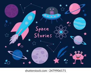 Space. Set with planets, aliens, rocket stars in flat style on dark background. Vector illustration