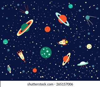 Conjunto espacial de planetas, órbitas, cohetes, satélite, platillo volador, estrellas. Cosmos. Ilustración vectorial. Iconos de dibujos animados.