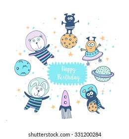 Space set of planets, orbits, rockets, satellite, stars, ufo, astronaut, apollo, comet, meteorite. Cosmos. Vector illustration. Cartoon icons. Cute animal and alien