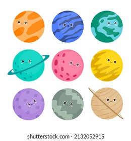 Space Set with Planets Solar System, Sun, Meteorite. Cute Planet Smiling Face Space Vector Collection for Kids t-shirt Print, Nursery Design, Birthday Party