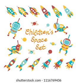Space Set. Rocket. Cosmonaut. Stock Vector Childish illustration in simple cartoon style.  
