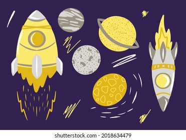Space set with rocket elements, planets, stars, a collection with the universe, galaxies, cute cartoon style, yellow and gray shades, blueberry background color, vector illustration