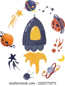 Space set with rocket and planets around. Multicolored vector image.