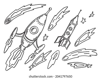 A space set with space rockets, comets and stars. Kid. Scheme. For coloring with markers and pencils.