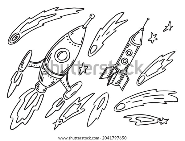 A space set with space\
rockets, comets and stars. Kid. Scheme. For coloring with markers\
and pencils.