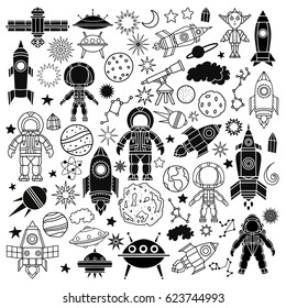 Space set. Space ship, rocket, stars, comet, space suit, flying saucer, ufo, satellite, constellation, space station, planets hand drawn isolated on white background