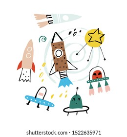 Space set. Space ships, rockets, space shuttle, satellite and ufo.