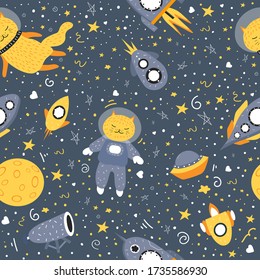 Space set with a spaceship, cats, stars. Seamless pattern with space suits, ships. Shooting star. Cartoon cats. Design of diaries, notebooks, albums, fabrics. Doodle style. Domestic animals in cartoon