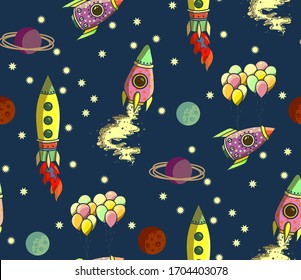 Space set, spaceships, planets and stars. Hand drawn vector illustration.