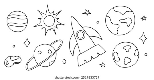 Space set with sun and planets in doodle style
