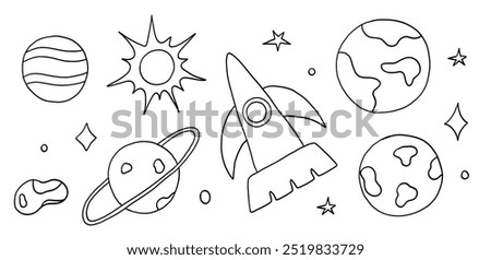 Space set with sun and planets in doodle style