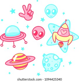 Space set UFO aliens flat style kid illustation stickers