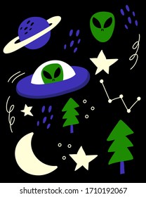 Space set. UFO, stars, planets, moon.Black background. Cartoon hand drawn vector illustration.