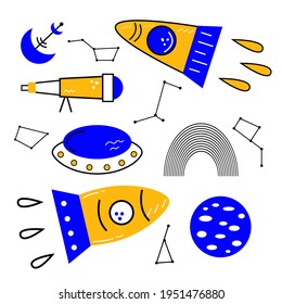 Space Set. Vector hand drawn outline illustration of Space concept. Black contour doodle, line art.  Coloring book design element. Poster, greeting card template.