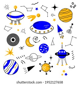 Space Set. Vector hand drawn outline illustration of Space concept. Black contour doodle, line art.  Coloring book design element. Poster, greeting card template.