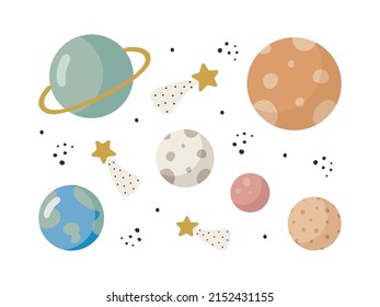 Space set. Vector illustration in cartoon style. Planets, stars. For kids stuff, card, posters, banners, children books and print for clothes, t shirt, icons.