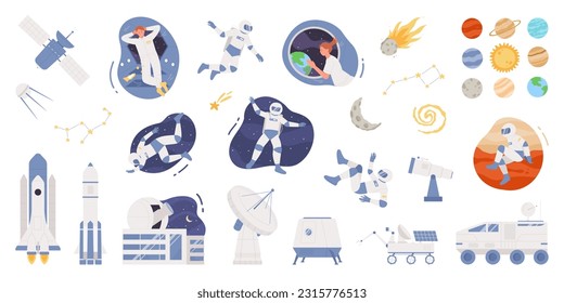 Space set vector illustration. Cartoon isolated collection with male and female astronauts inside and outside of spaceship, solar system planets and satellite, shuttle, observatory telescope and rover