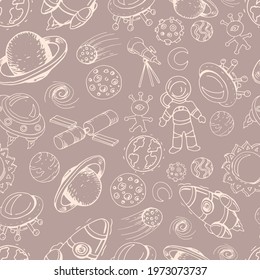 
space set vector illustration hand-drawn cute images childrens bright colored rocket meteorite planet alien flying saucers astronaut satellite sun saturn mars stars seamless pattern