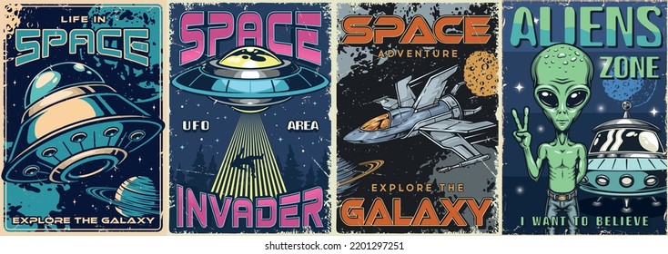 Space set vintage colorful posters flying saucers and spacecraft for battles for universe and attack on extraterrestrial civilizations vector illustration