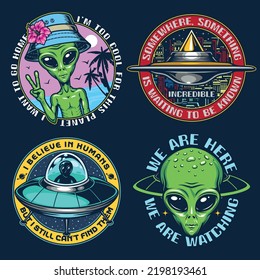 Space set vintage emblems colorful UFO flying machine with aliens for missions and surveillance of inhabitants planet earth vector illustration