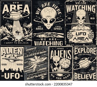 Folletos monocromados vintage con extraterrestres cerca de las placas de OVNI y títulos sobre la observación o exploración de la ilustración vectorial del universo