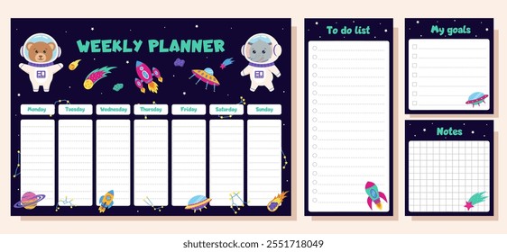 Conjunto de espaços do planejador semanal, lista de tarefas, metas e notas. Situado com elementos espaciais e animais astronautas.