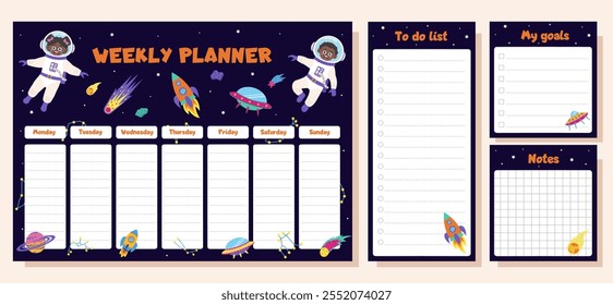 Conjunto de espaços do planejador semanal, lista de tarefas, metas e notas. Situado com elementos espaciais e crianças astronautas.