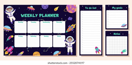 Space set of weekly planner, to do list, goals and notes. Set with space elements and children astronauts.