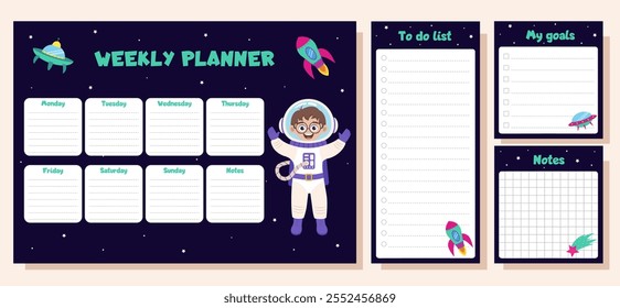 Space set of weekly planner, to do list, goals and notes. Set with space elements and boy astronaut.