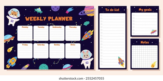 Space set of weekly planner, to do list, goals and notes. Set with space elements and animals astronauts.