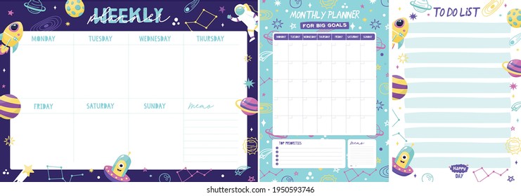 Space set of weekly planner, monthly planner and todo list with with planets, astronaut, rocket, moon, constellations, stars, alien 