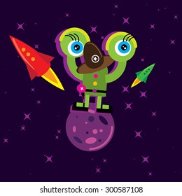 Space sheriff standing on the planet in the universe and controls rocket traffic