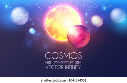 Space Shining Backgrouns with Realistic 3D Planets and Stars. Univerce and Cosmos Design. Light of a Galaxy. Science Template. Vector illustration