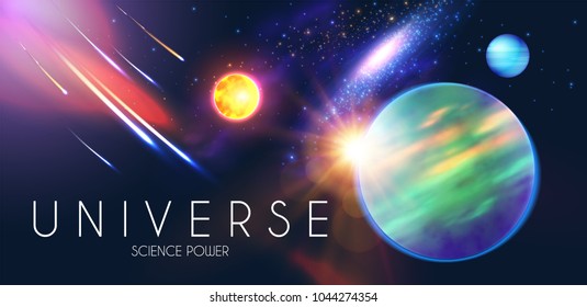 Space Shining Backgrouns with Realistic 3D Planets and Stars. Univerce and Cosmos Design. Light of a Galaxy. Science Template. Vector illustration