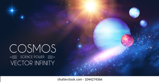 Space Shining Backgrouns with Realistic 3D Planets and Stars. Univerce and Cosmos Design. Light of a Galaxy. Science Template. Vector illustration