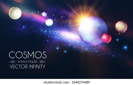 El espacio reluce con planetas y estrellas 3D realistas. Diseño Universo y Cosmos. Luz de una Galaxia. Plantilla de ciencia. Ilustración del vector