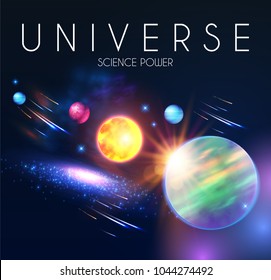 Space Shining Backgrouns with Realistic 3D Planets and Stars. Univerce and Cosmos Design. Light of a Galaxy. Science Template. Vector illustration